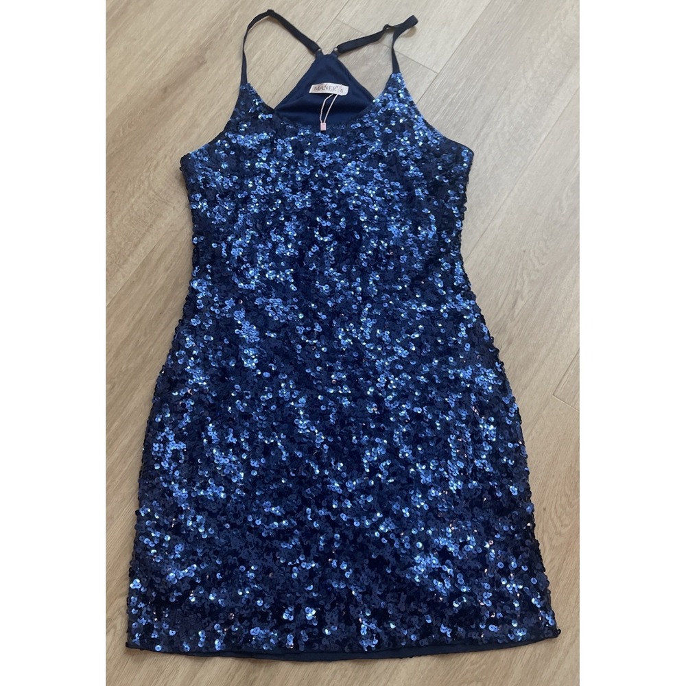 Maner Blue Solid Sequin Sleeveless Bodycon Mini Dress Straps Size Small